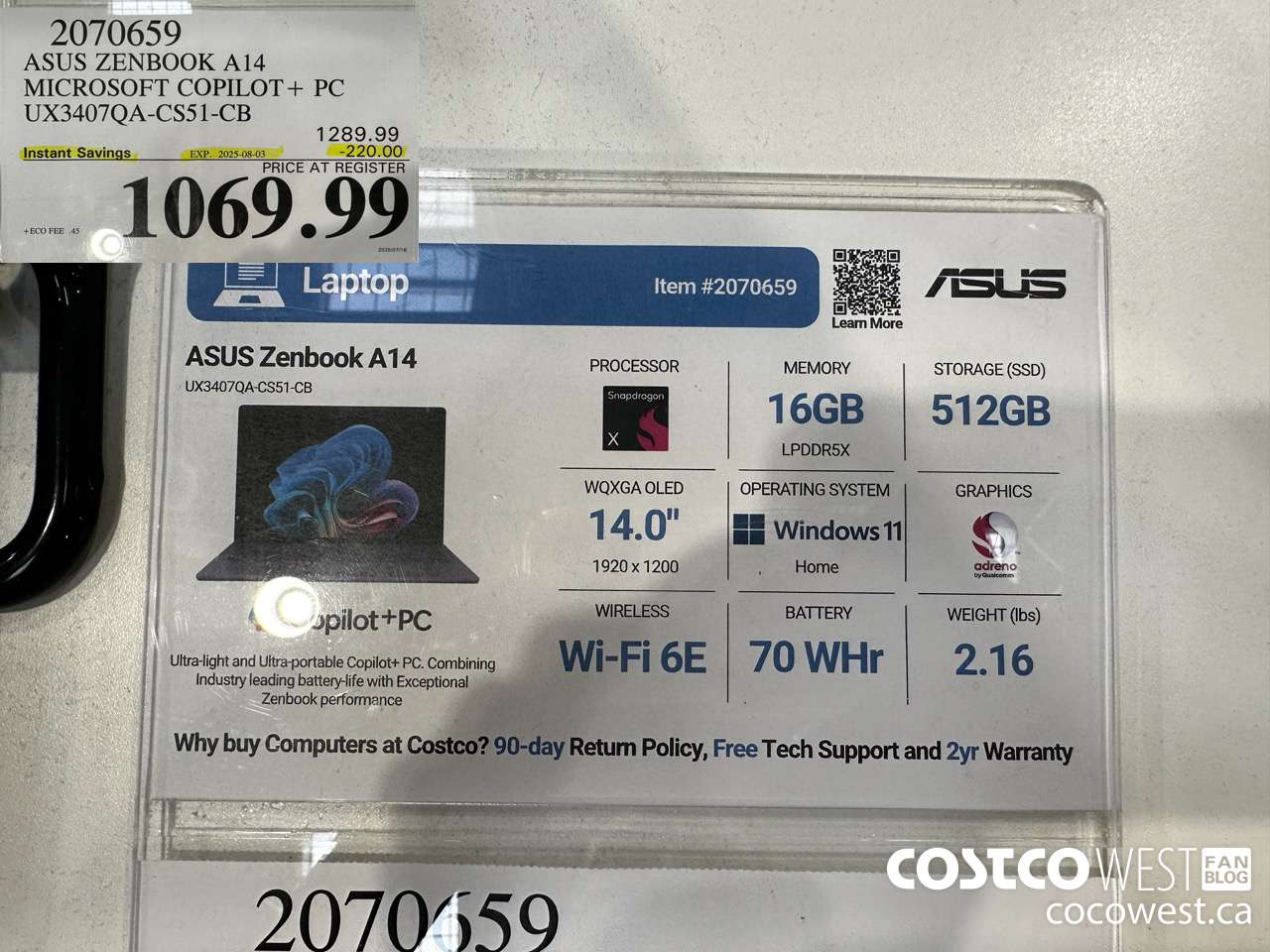 2070659 ASUS ZENBOOK A14 MICROSOFT COPILOT+ PC UX3407QA-CS51-CB ($220.00 INSTANT SAVINGS EXPIRES ON 2025-08-03) $1069.99