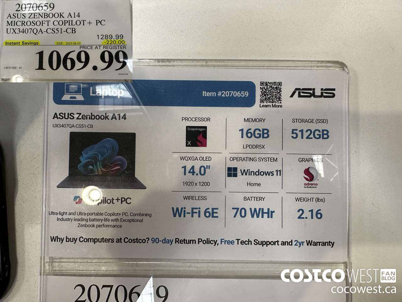 2070659 ASUS ZENBOOK A14 MICROSOFT COPILOT+ PC UX3407QA-CS51-CB ($220.00 INSTANT SAVINGS EXPIRES ON 2025-08-03) $1069.99