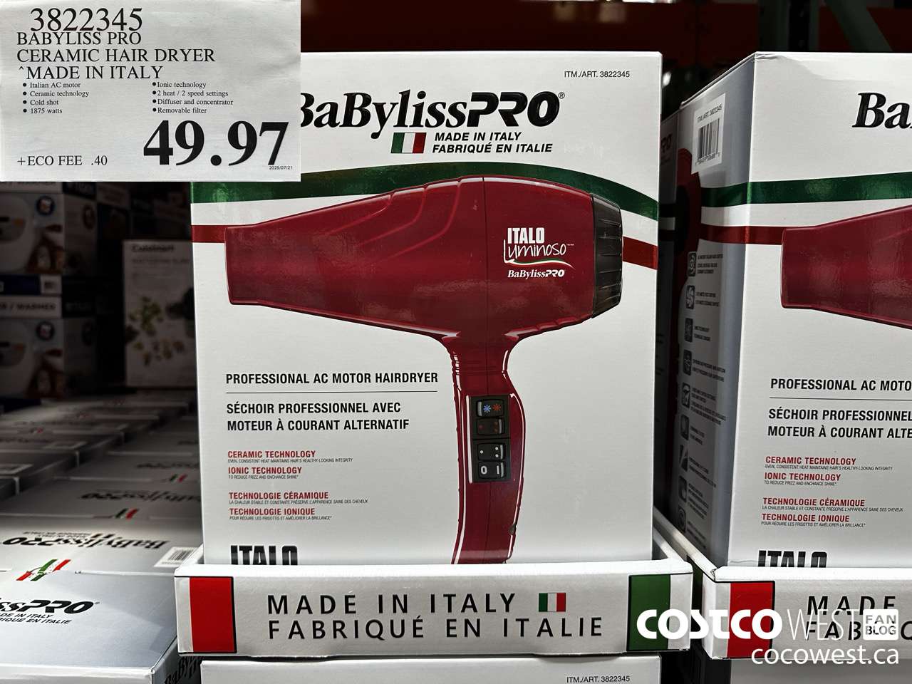 3822345 BABYLISS PRO CERAMIC HAIR DRYER MADE IN ITALY $49.97