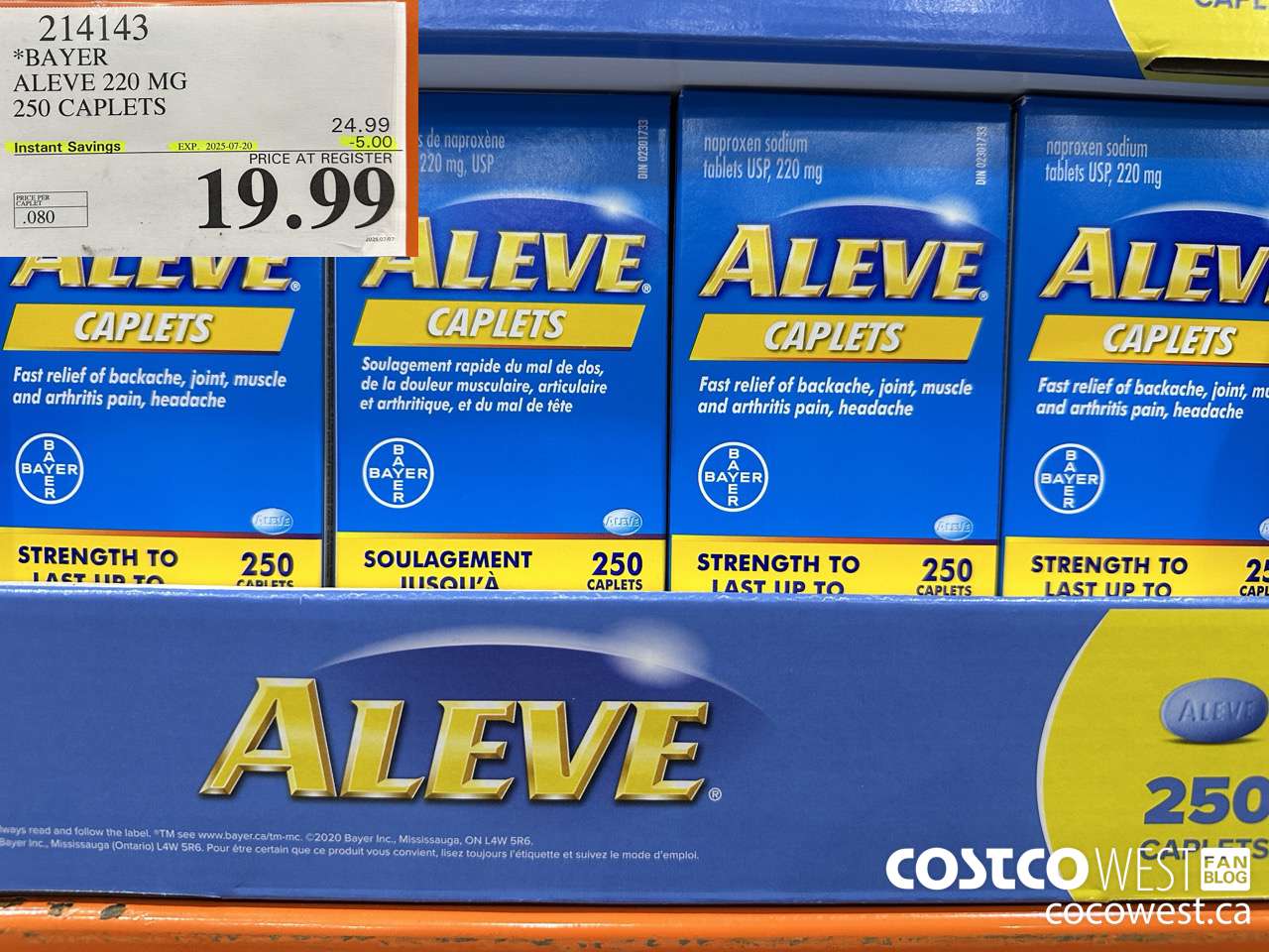 214143 BAYER ALEVE 220 MG 250 CAPLETS ($5.00 INSTANT SAVINGS EXPIRES ON 2025-07-20) $19.99