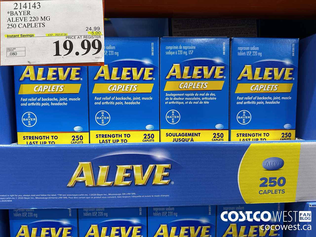 214143 BAYER ALEVE 220 MG 250 CAPLETS ($5.00 INSTANT SAVINGS EXPIRES ON 2025-07-20) $19.99