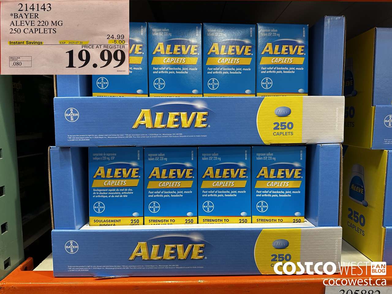 214143 BAYER ALEVE 220 MG 250 CAPLETS ($5.00 INSTANT SAVINGS EXPIRES ON 2025-07-20) $19.99