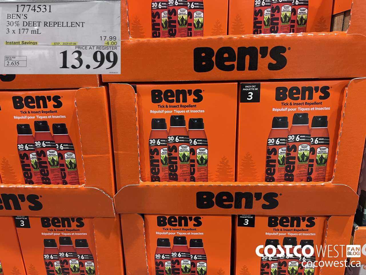 1774531 BEN'S 30% DEET REPELLENT 3 x 177 mL ($4.00 INSTANT SAVINGS EXPIRES ON 2025-07-06) $13.99
