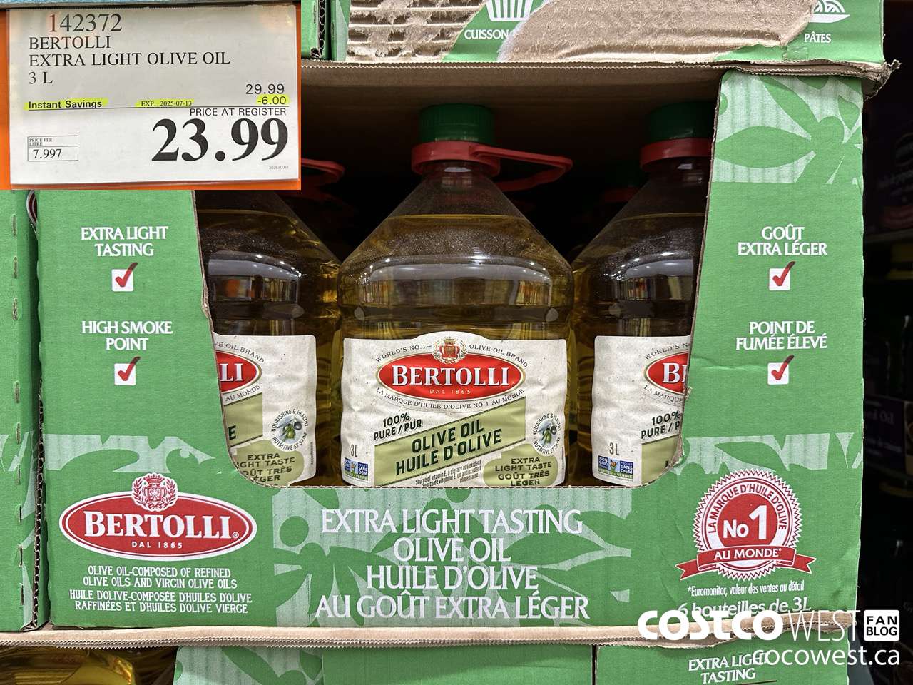 142372 BERTOLLI EXTRA LIGHT OLIVE OIL 3L ($6.00 INSTANT SAVINGS EXPIRES ON 2025-07-13) $23.99