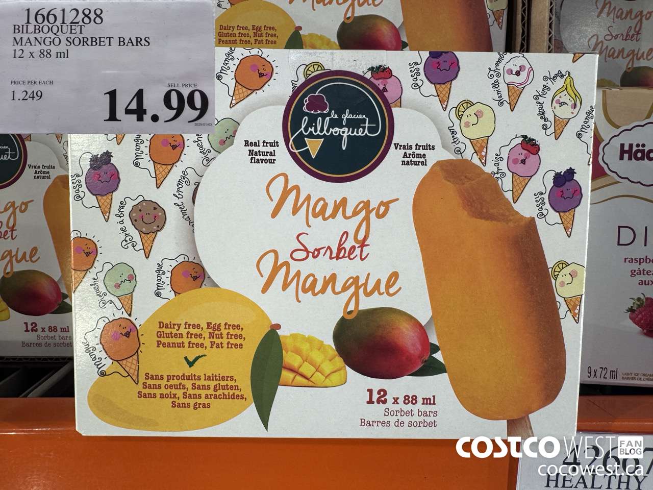 1661288 BILBOQUET MANGO SORBET BARS 12 X 88 ML $14.99