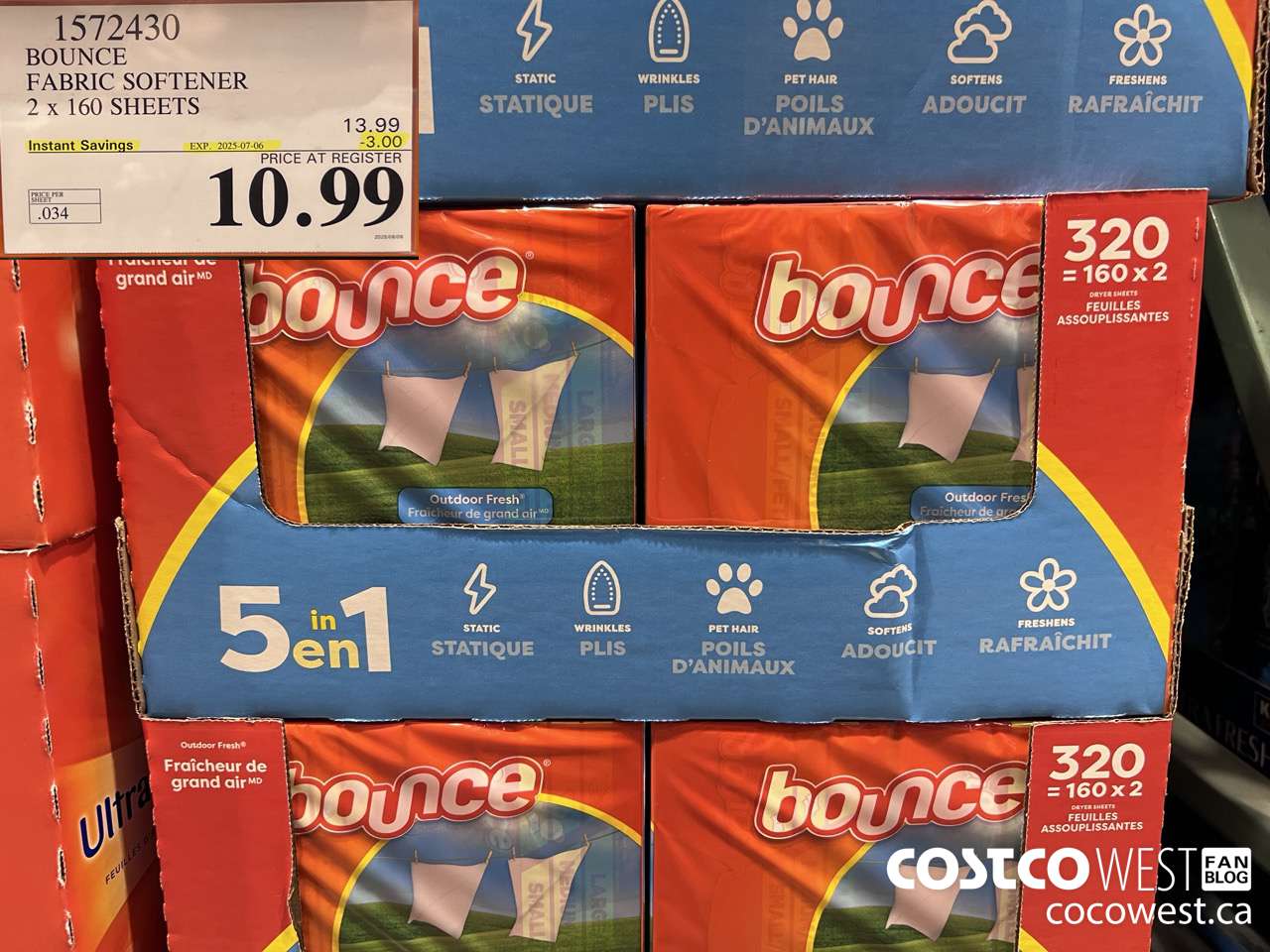 1572430 BOUNCE FABRIC SOFTENER 2 X 160 SHEETS ($3.00 INSTANT SAVINGS EXPIRES ON 2025-07-06) $10.99