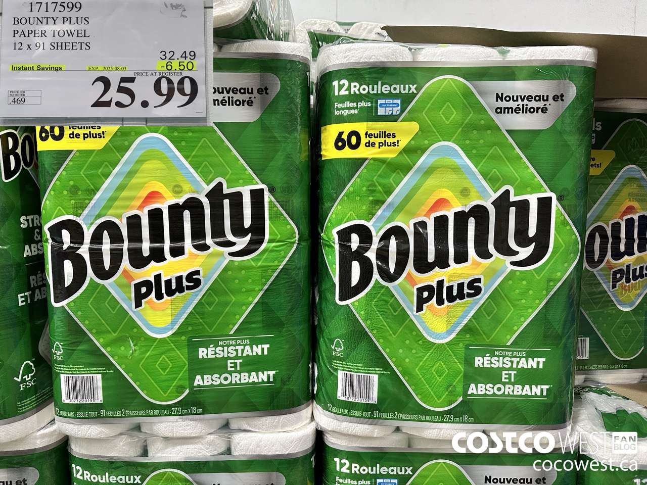 1717599 BOUNTY PLUS PAPER TOWEL 12 X 91 SHEETS ($6.50 INSTANT SAVINGS EXPIRES ON 2025-08-03) $25.99