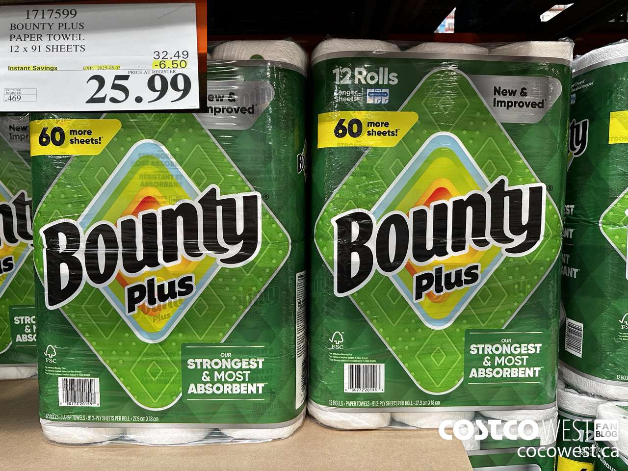 1717599 BOUNTY PLUS PAPER TOWEL 12 X 91 SHEETS ($6.50 INSTANT SAVINGS EXPIRES ON 2025-08-03) $25.99