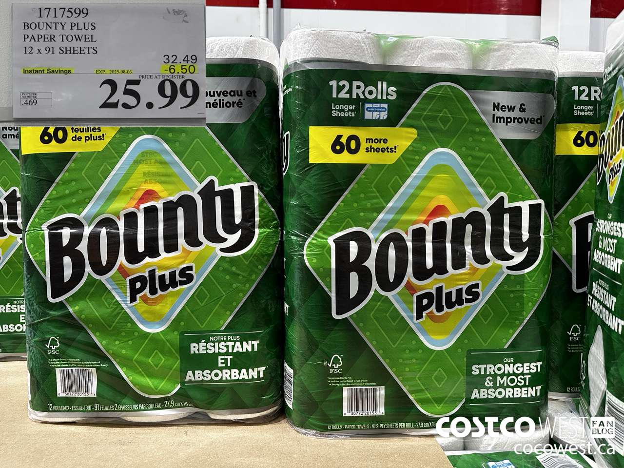 1717599 BOUNTY PLUS PAPER TOWEL 12 X 91 SHEETS ($6.50 INSTANT SAVINGS EXPIRES ON 2025-08-03) $25.99