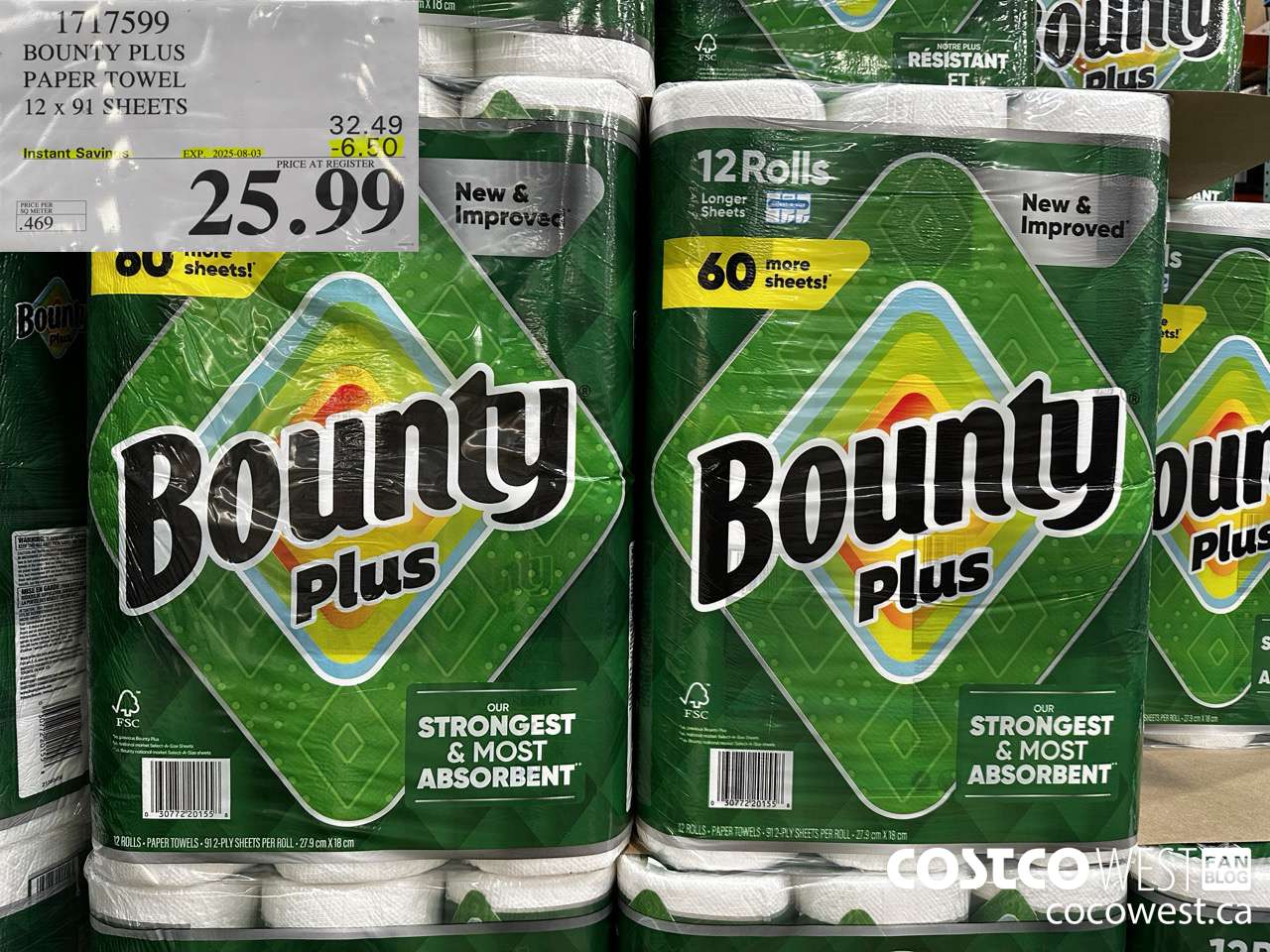 1717599 BOUNTY PLUS PAPER TOWEL 12 X 91 SHEETS ($6.50 INSTANT SAVINGS EXPIRES ON 2025-08-03) $25.99