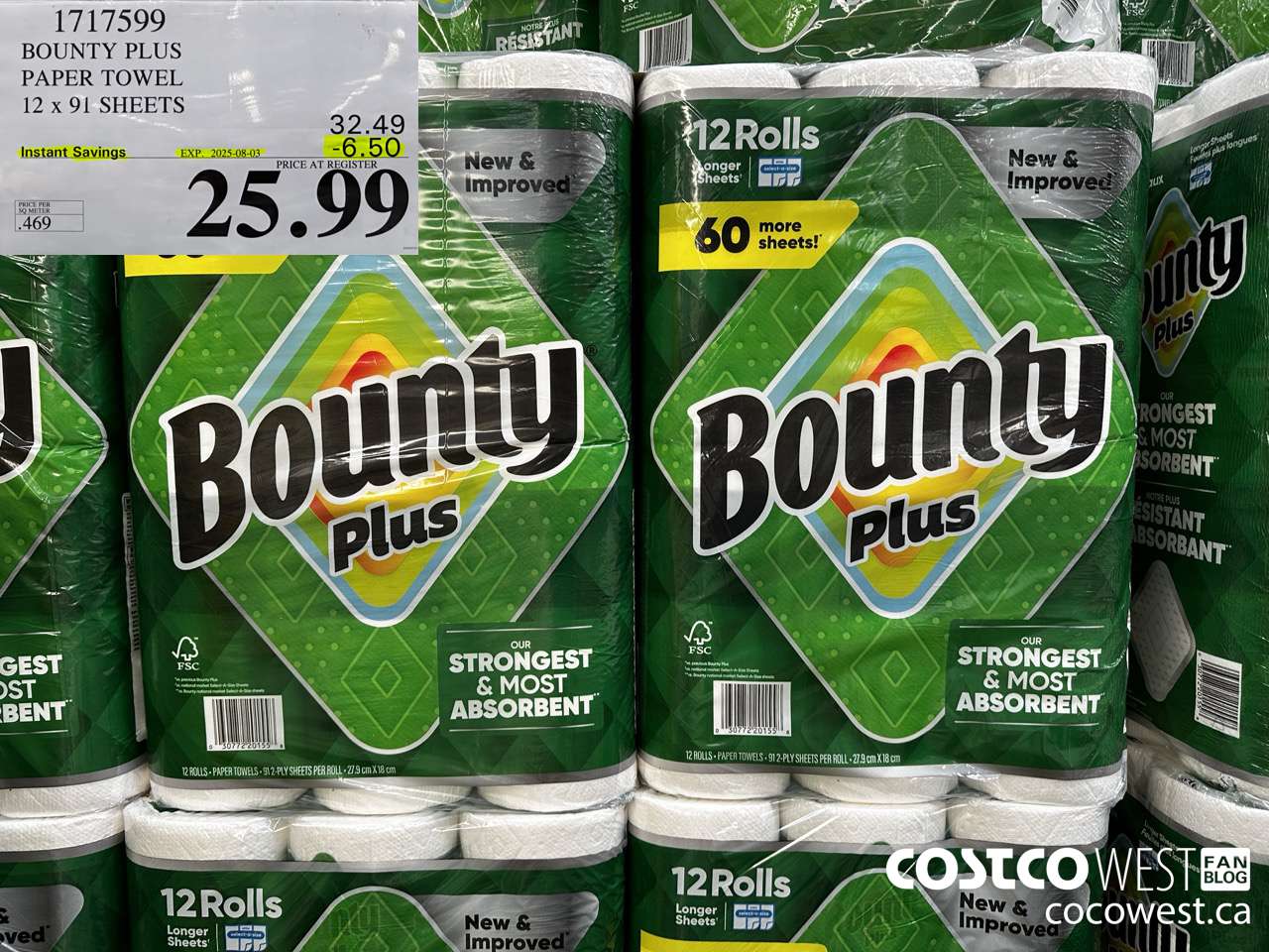 1717599 BOUNTY PLUS PAPER TOWEL 12 X 91 SHEETS ($6.50 INSTANT SAVINGS EXPIRES ON 2025-08-03) $25.99