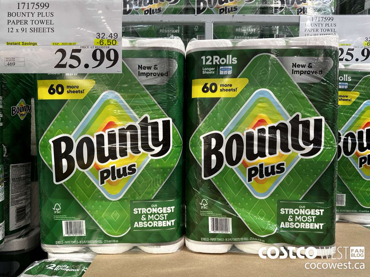 1717599 BOUNTY PLUS PAPER TOWEL 12 X 91 SHEETS ($6.50 INSTANT SAVINGS EXPIRES ON 2025-08-03) $25.99