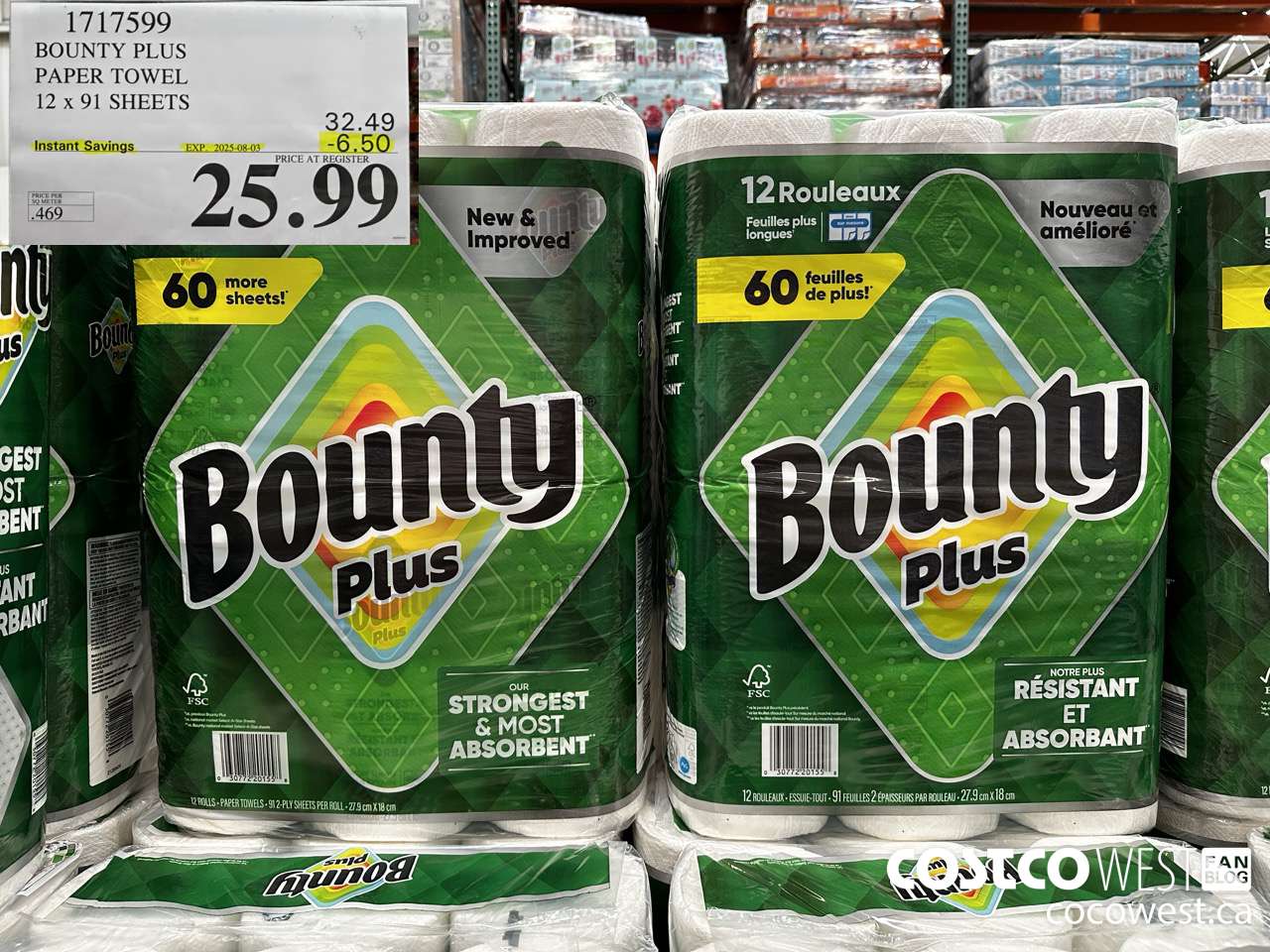 1717599 BOUNTY PLUS PAPER TOWEL 12 X 91 SHEETS ($6.50 INSTANT SAVINGS EXPIRES ON 2025-08-03) $25.99