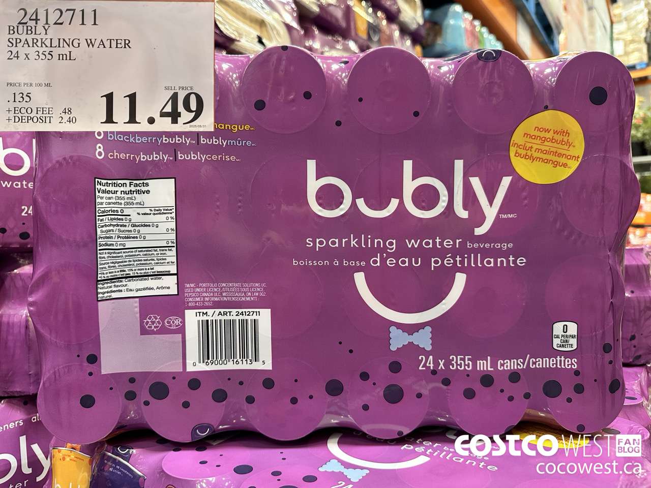 2412711 BUBLY SPARKLING WATER 24 X 355ML $11.49