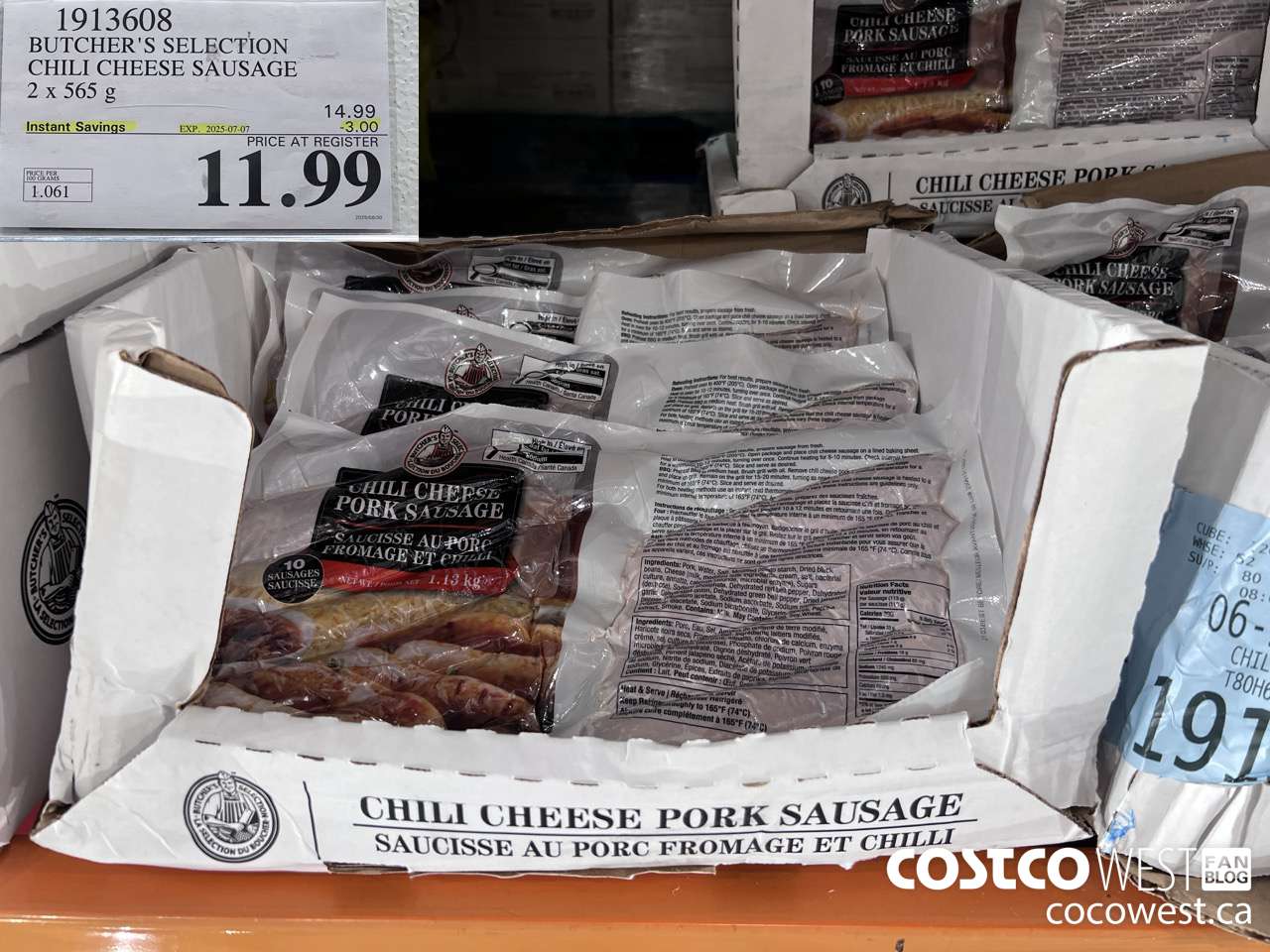 1913608 BUTCHER'S SELECTION CHILI CHEESE SAUSAGE 2 X 545 G ($3.00 INSTANT SAVINGS EXPIRES ON 2025-07-07) $11.99