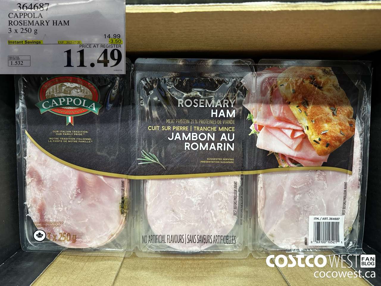 364687 CAPPOLA FOODS ROSEMARY HAM 3 x 250 g ($3.50 INSTANT SAVINGS EXPIRES ON 2025-07-20) $11.49