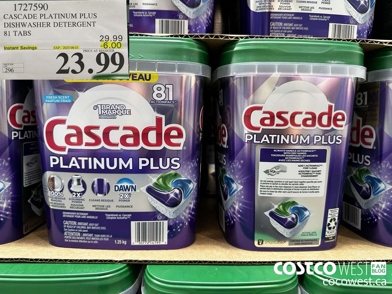 1727590 CASCADE PLATINUM PLUS DISHWASHER DETERGENT 81 TABS ($6.00 INSTANT SAVINGS EXPIRES ON 2025-08-03) $23.99