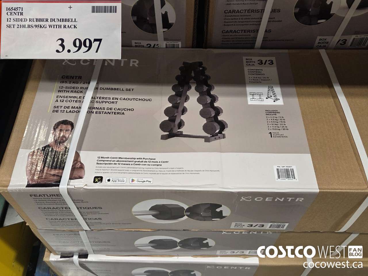 1654571 CENTR 12 SIDED RUBBER DUMBBELL SET 210LBS/95KG $3997.00