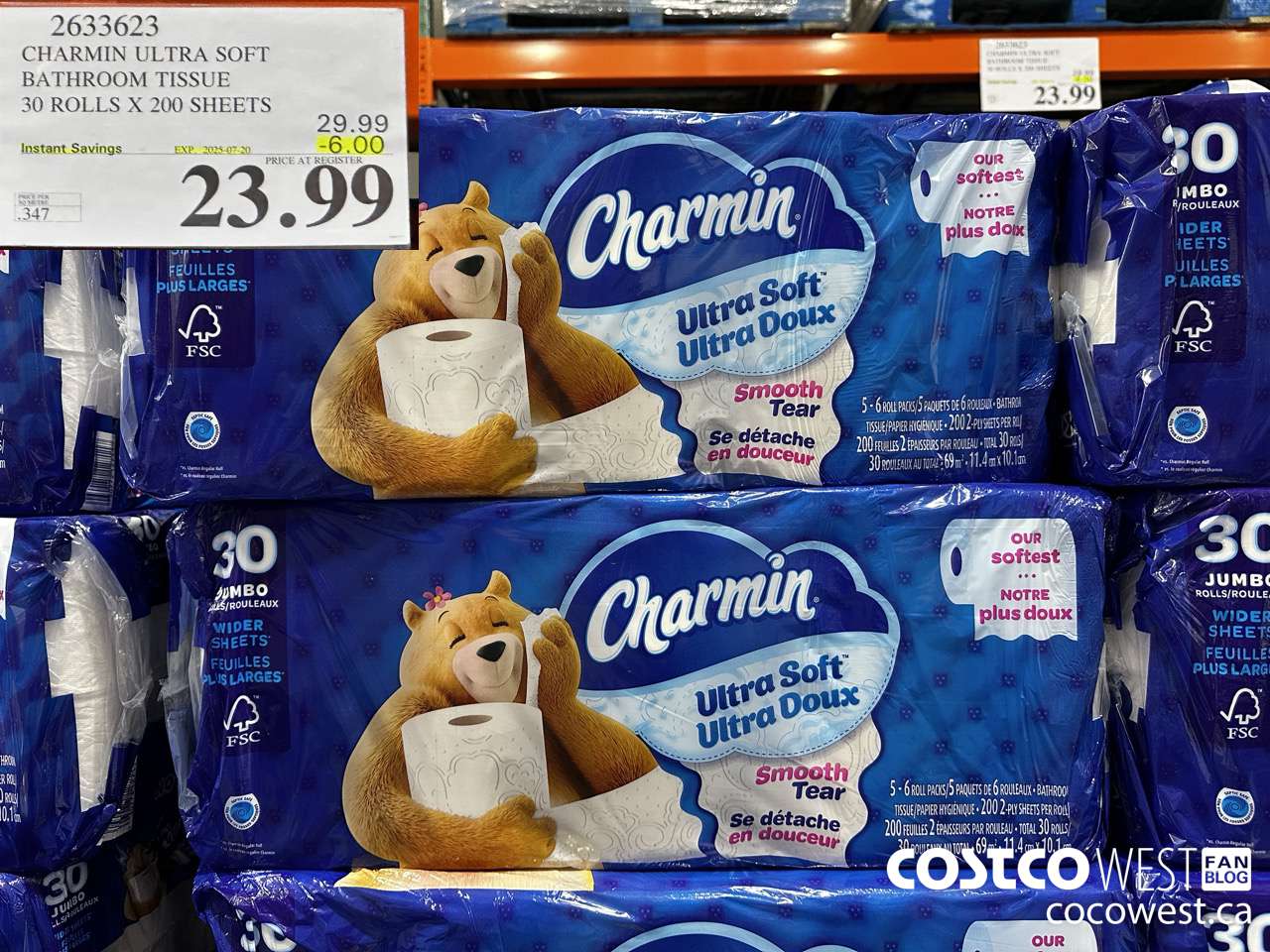 2633623 CHARMIN ULTRA SOFT BATHROOM TISSUE 30 ROLLS X 200 SHEETS ($6.00 INSTANT SAVINGS EXPIRES ON 2025-07-20) $23.99