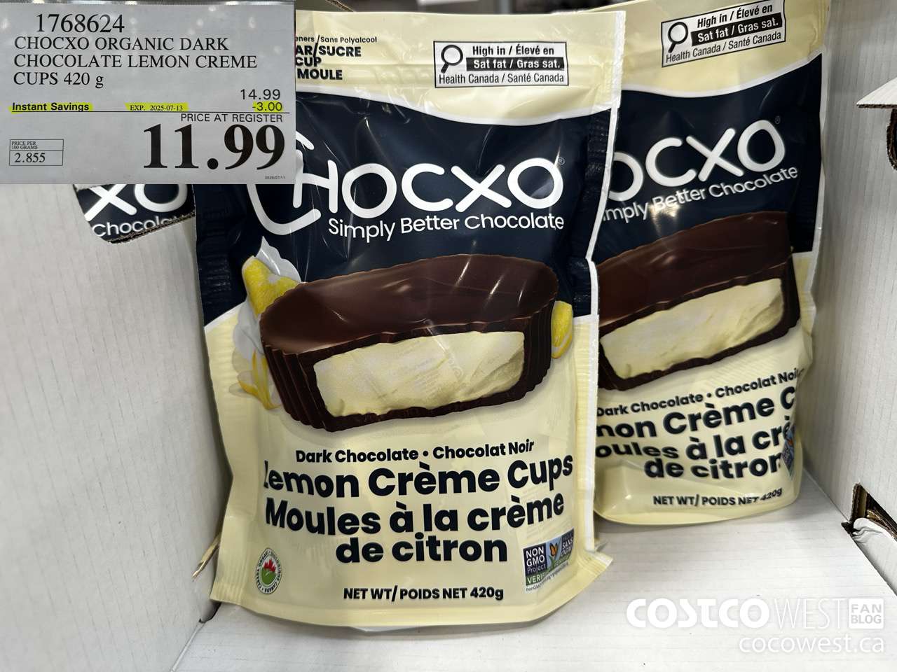 1768624 CHOCXO ORGANIC DARK CHOCOLATE LEMON CREME CUPS 420G ($3.00 INSTANT SAVINGS EXPIRES ON 2025-07-13) $11.99