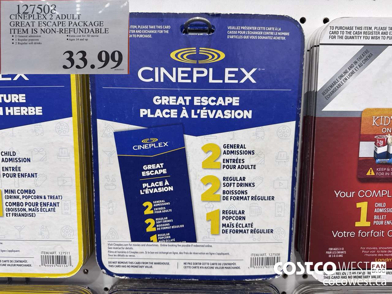 127508 CINEPLEX GREAT ESCAPE 2 ADULTS MOVIE PACKAGE $33.99