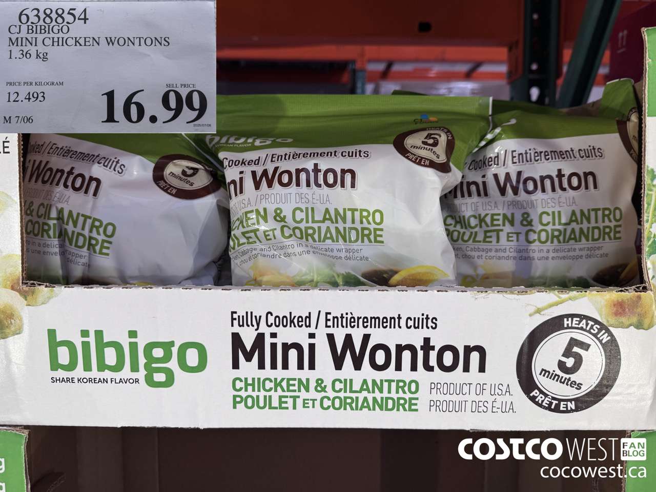 638854 CJ BIBIGO MINI CHICKEN WONTONS 1.36 KG $16.99