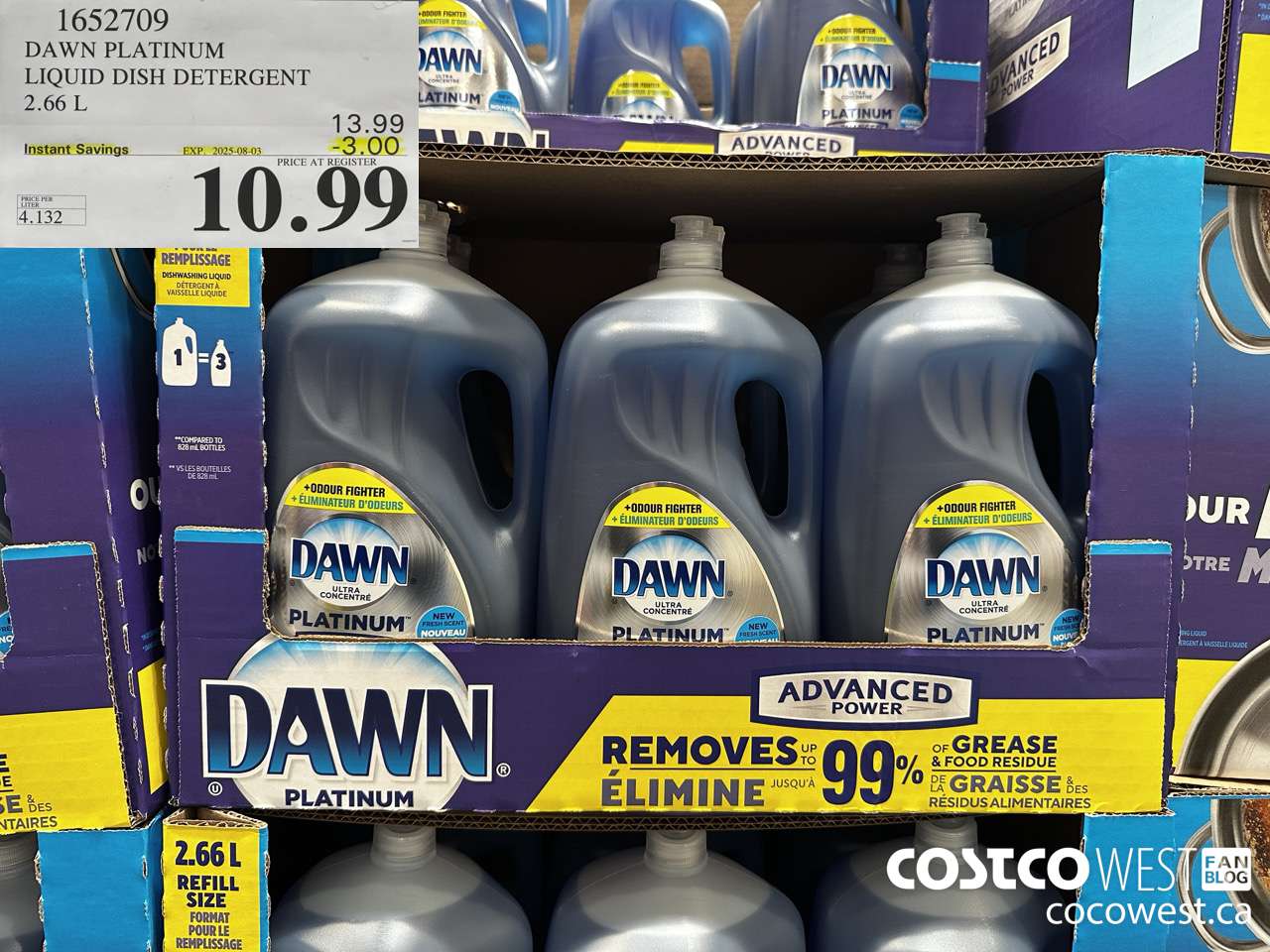 1652709 DAWN PLATINUM LIQUID DISH DETERGENT 2.66L ($3.00 INSTANT SAVINGS EXPIRES ON 2025-08-03) $10.99