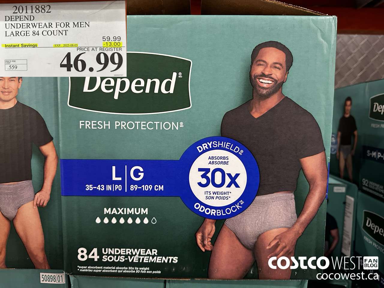 2011882 DEPEND UNDERWEAR FOR MEN LARGE 84 COUNT ($13.00 INSTANT SAVINGS EXPIRES ON 2025-08-03) $46.99