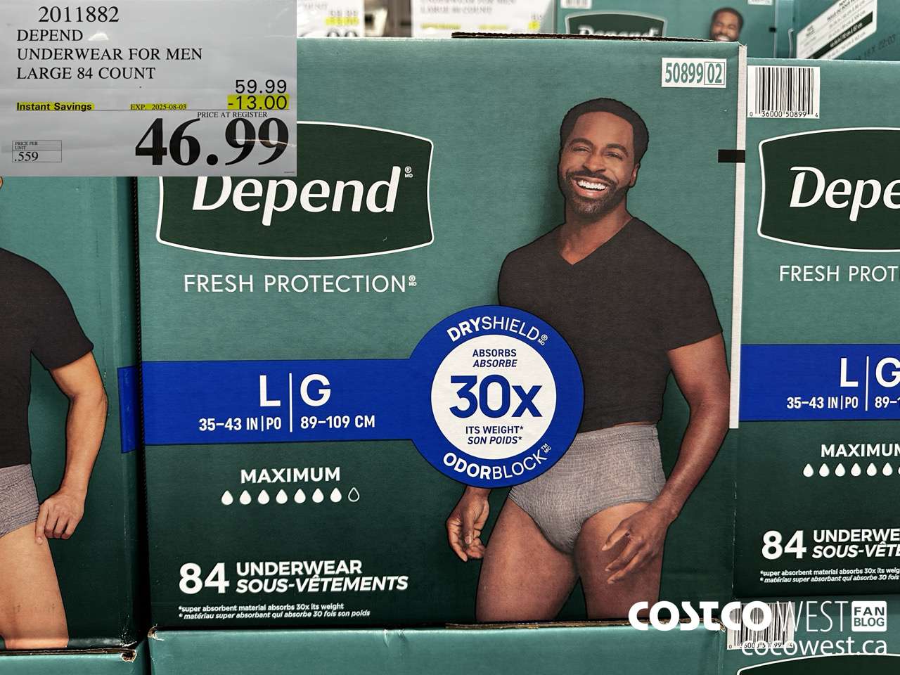 2011882 DEPEND UNDERWEAR FOR MEN LARGE 84 COUNT ($13.00 INSTANT SAVINGS EXPIRES ON 2025-08-03) $46.99