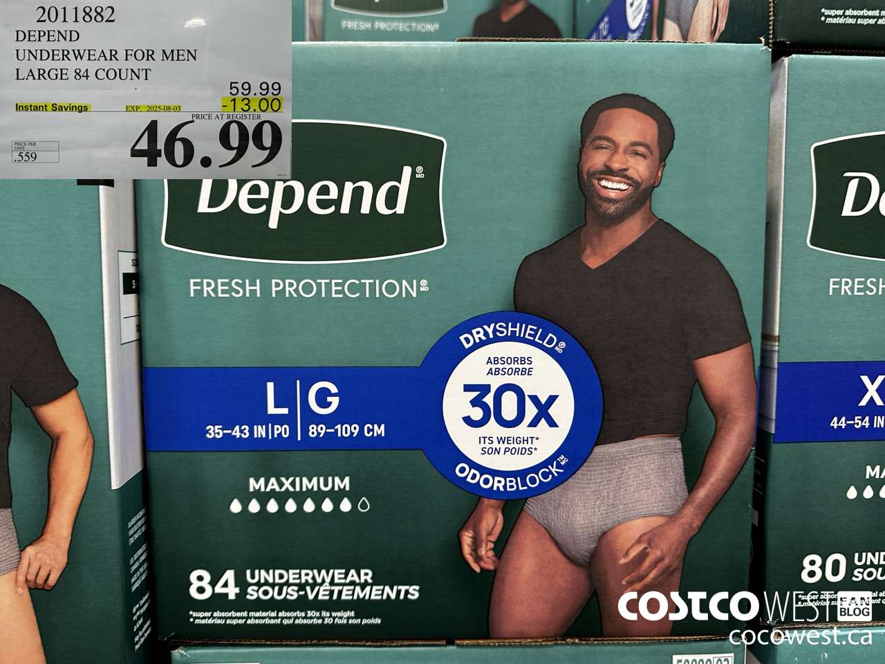 2011882 DEPEND UNDERWEAR FOR MEN LARGE 84 COUNT ($13.00 INSTANT SAVINGS EXPIRES ON 2025-08-03) $46.99