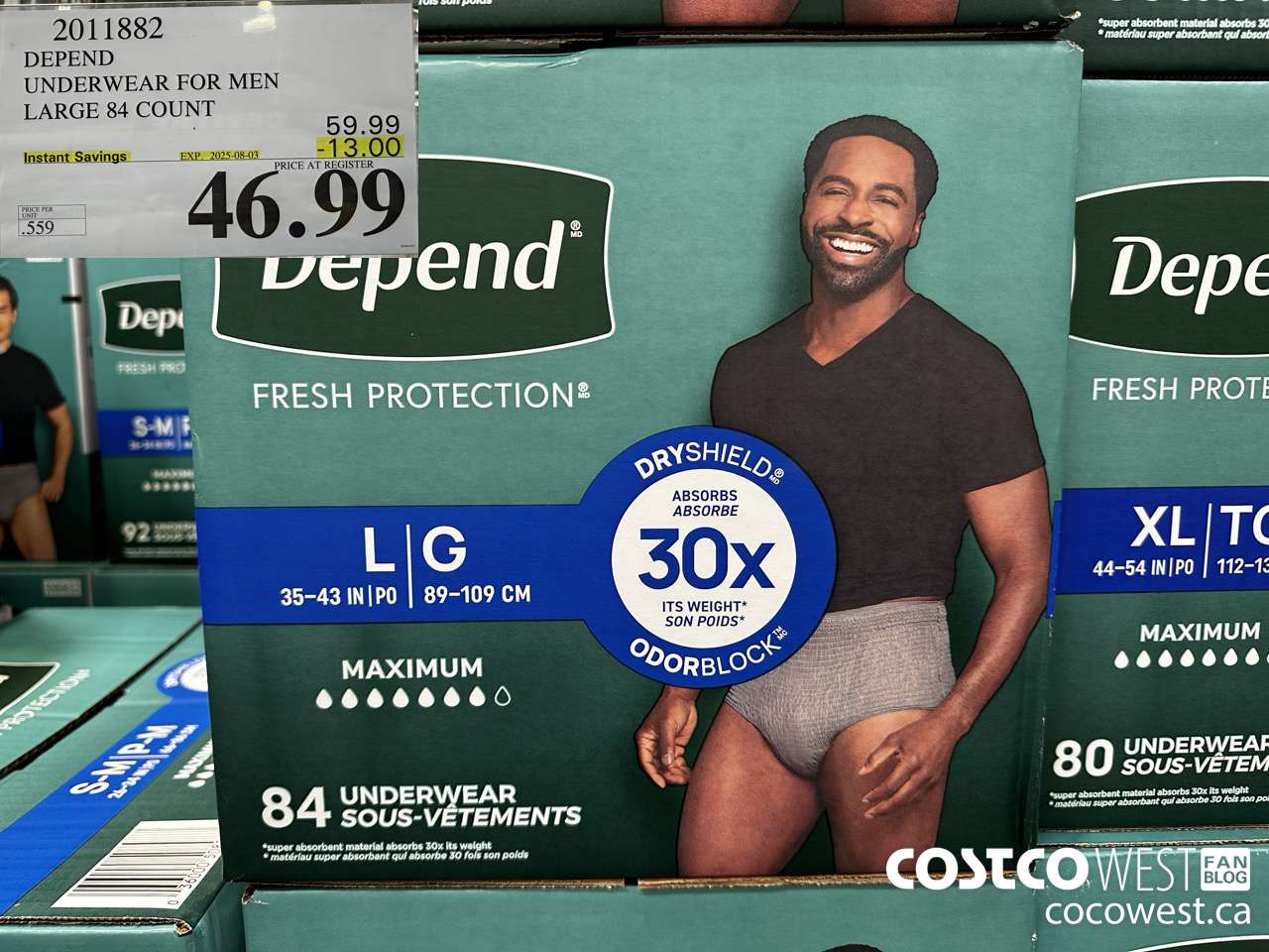 2011882 DEPEND UNDERWEAR FOR MEN LARGE 84 COUNT ($13.00 INSTANT SAVINGS EXPIRES ON 2025-08-03) $46.99