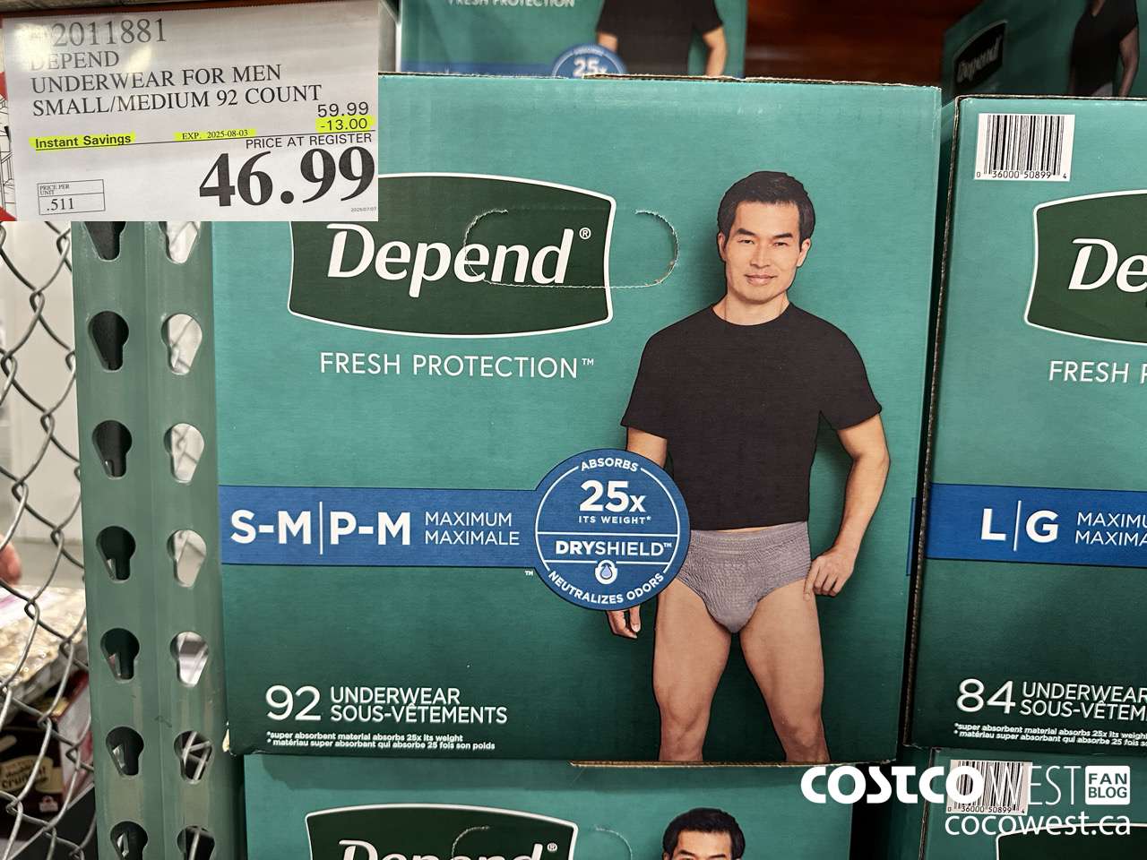 2011881 DEPEND UNDERWEAR FOR MEN S/M 92 COUNT ($13.00 INSTANT SAVINGS EXPIRES ON 2025-08-03) $46.99