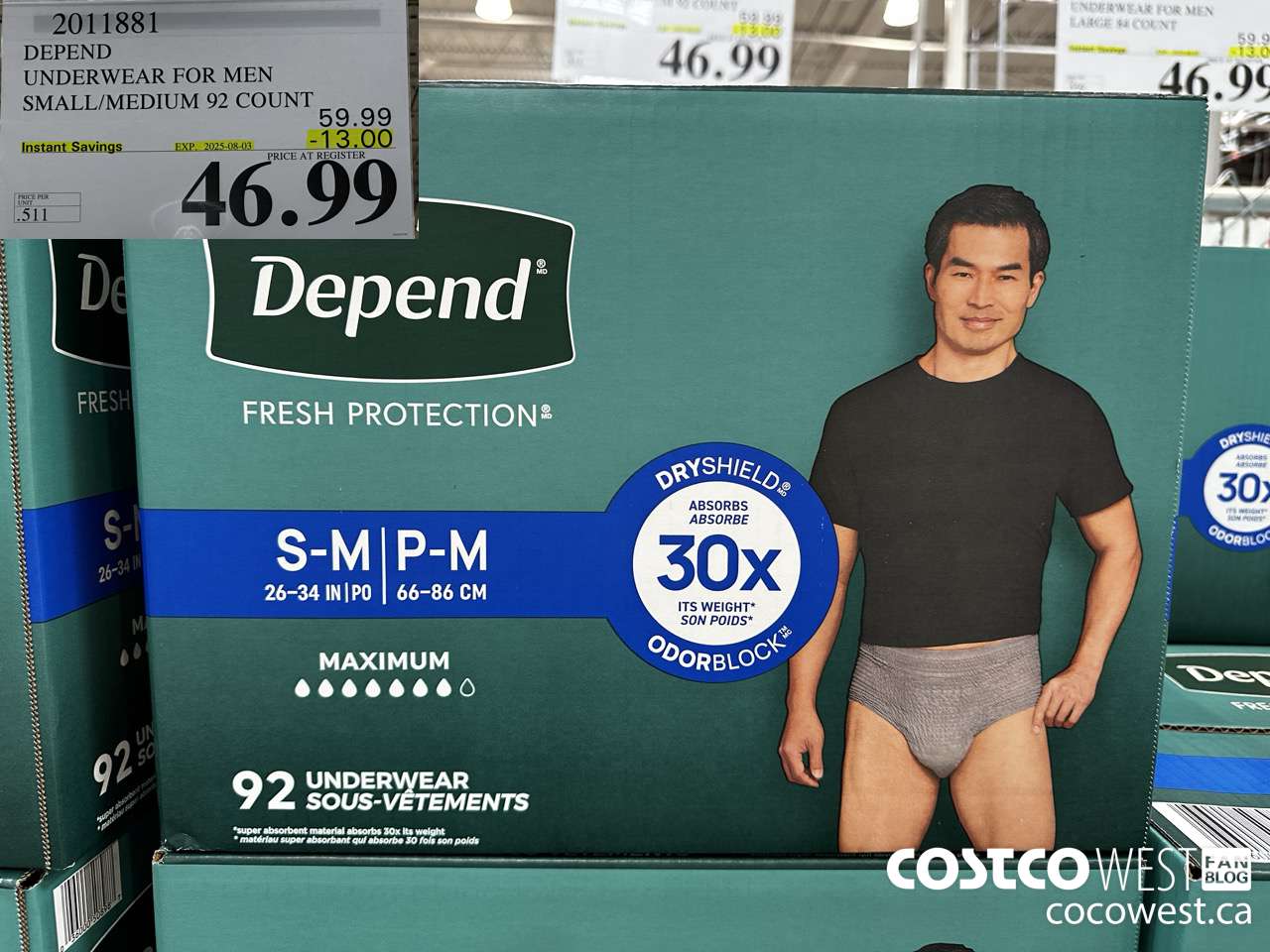 2011881 DEPEND UNDERWEAR FOR MEN S/M 92 COUNT ($13.00 INSTANT SAVINGS EXPIRES ON 2025-08-03) $46.99