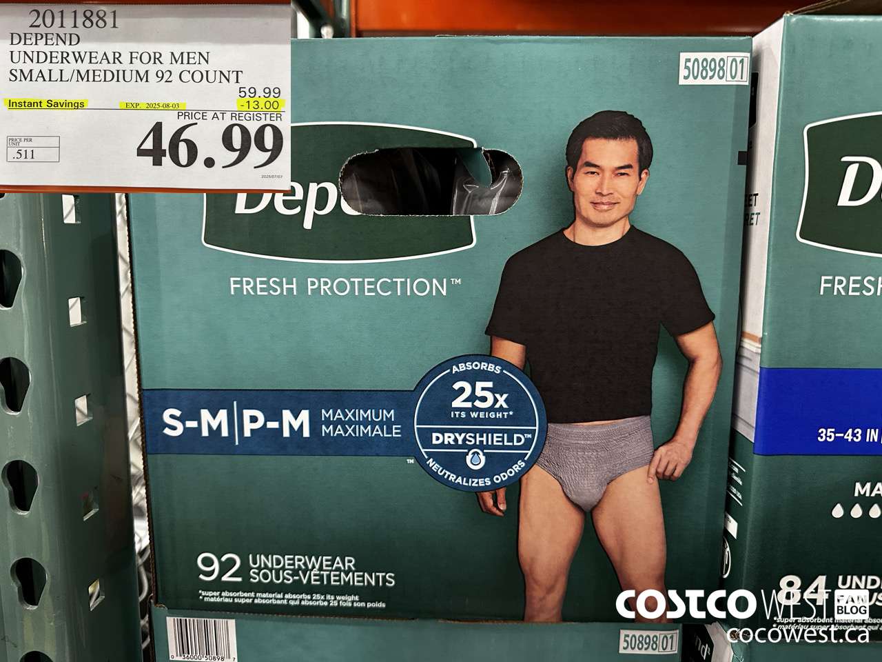 2011881 DEPEND UNDERWEAR FOR MEN S/M 92 COUNT ($13.00 INSTANT SAVINGS EXPIRES ON 2025-08-03) $46.99
