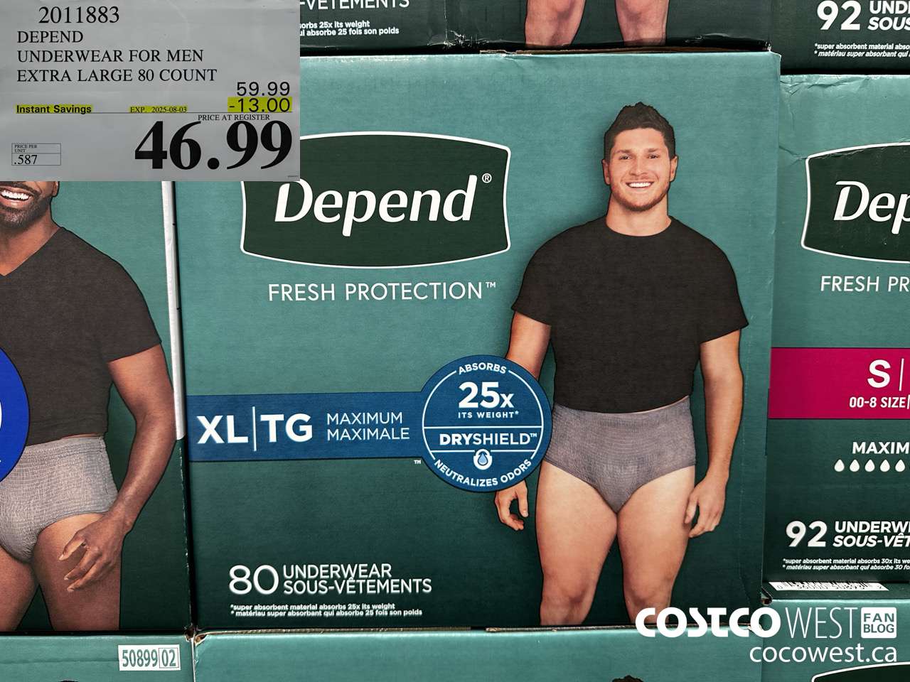 2011883 DEPEND UNDERWEAR FOR MEN X-LARGE 80 COUNT ($13.00 INSTANT SAVINGS EXPIRES ON 2025-08-03) $46.99