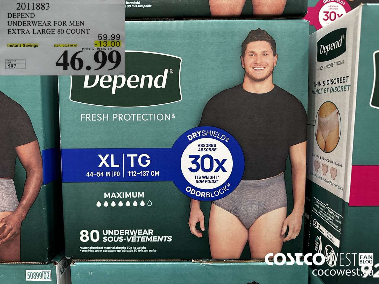 2011883 DEPEND UNDERWEAR FOR MEN X-LARGE 80 COUNT ($13.00 INSTANT SAVINGS EXPIRES ON 2025-08-03) $46.99