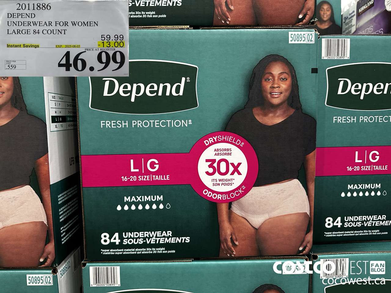 2011886 DEPEND UNDERWEAR FOR WOMEN LARGE 84 COUNT ($13.00 INSTANT SAVINGS EXPIRES ON 2025-08-03) $46.99
