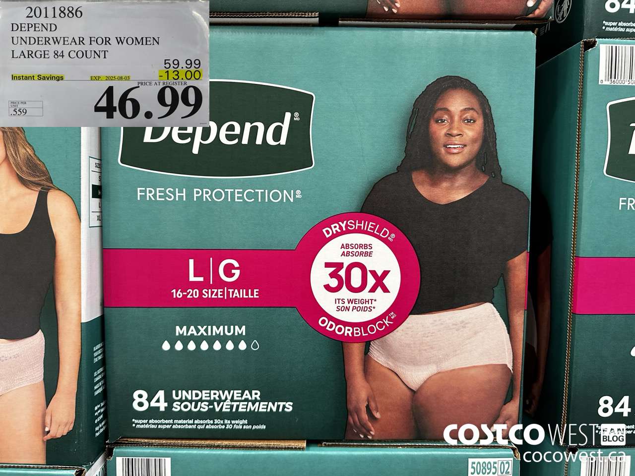 2011886 DEPEND UNDERWEAR FOR WOMEN LARGE 84 COUNT ($13.00 INSTANT SAVINGS EXPIRES ON 2025-08-03) $46.99