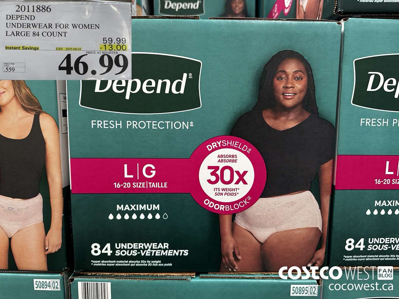 2011886 DEPEND UNDERWEAR FOR WOMEN LARGE 84 COUNT ($13.00 INSTANT SAVINGS EXPIRES ON 2025-08-03) $46.99