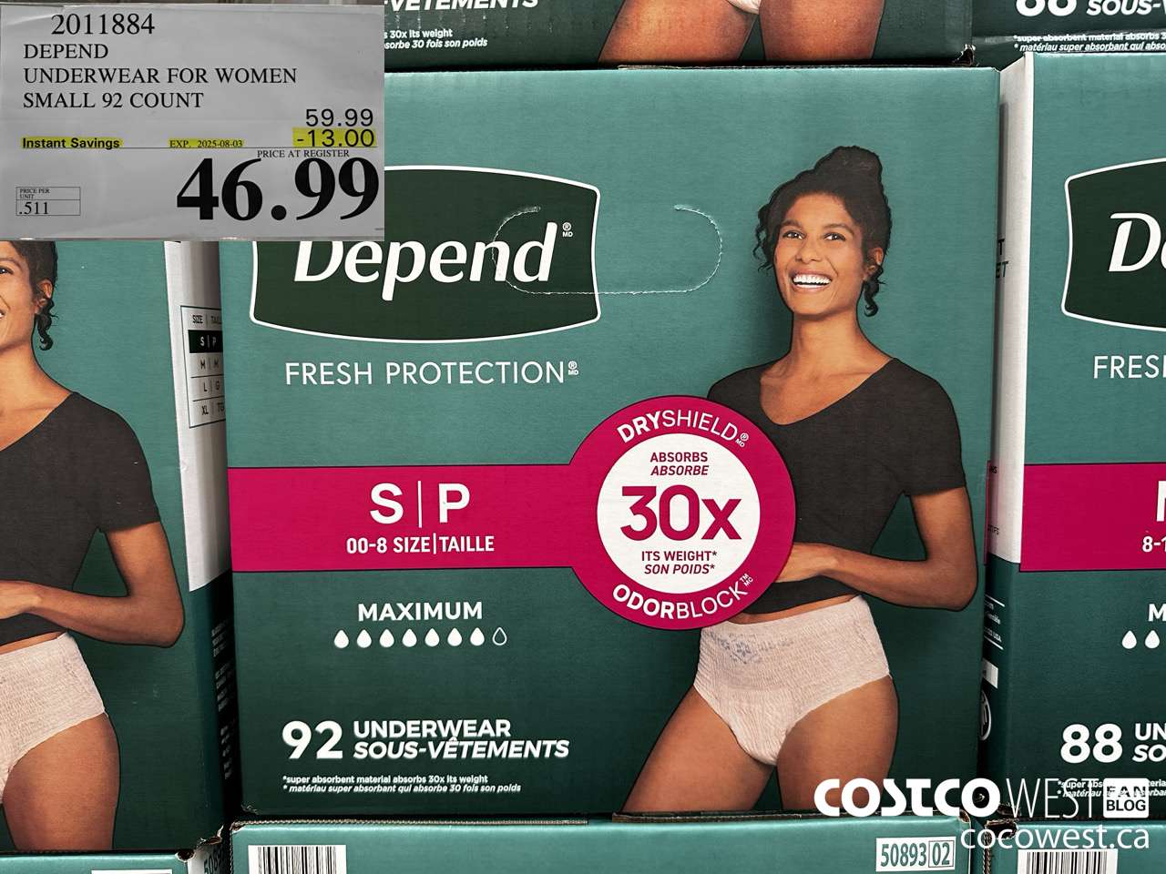 2011884 DEPEND UNDERWEAR FOR WOMEN SMALL 92 COUNT ($13.00 INSTANT SAVINGS EXPIRES ON 2025-08-03) $46.99