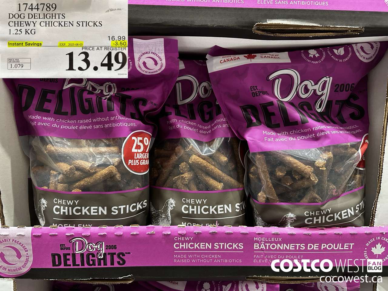 1744789 DOG DELIGHTS CHEWY CHICKEN STICKS 1.25 KG ($3.50 INSTANT SAVINGS EXPIRES ON 2025-08-03) $13.49