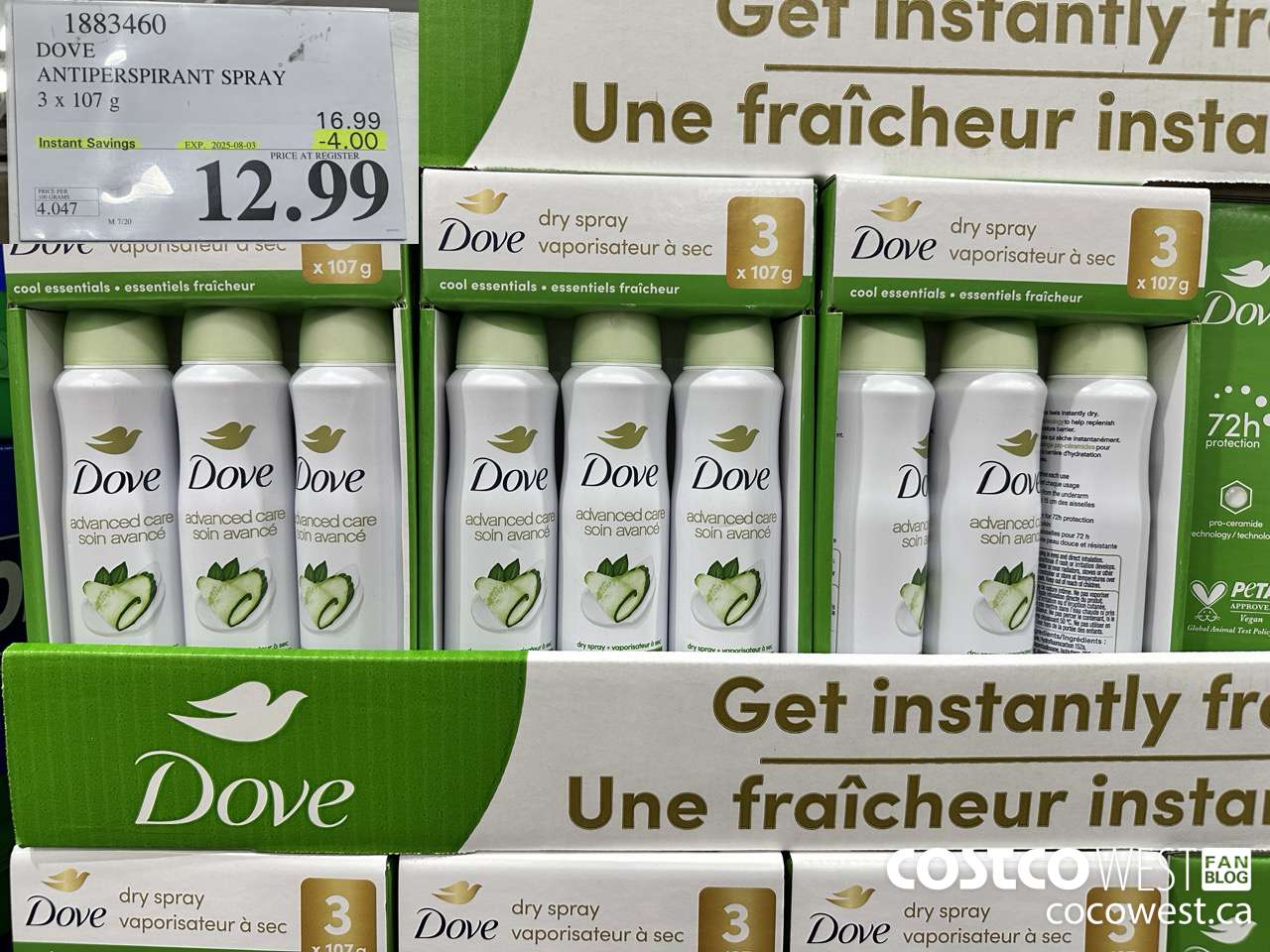 1883460 DOVE ANTIPERSPIRANT SPRAY 3 X 107G ($4.00 INSTANT SAVINGS EXPIRES ON 2025-08-03) $12.99