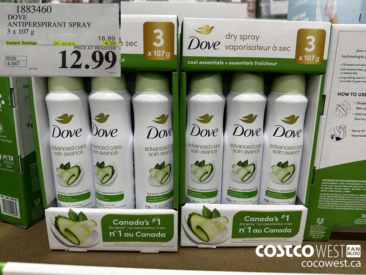 1883460 DOVE ANTIPERSPIRANT SPRAY 3 X 107G ($4.00 INSTANT SAVINGS EXPIRES ON 2025-08-03) $12.99