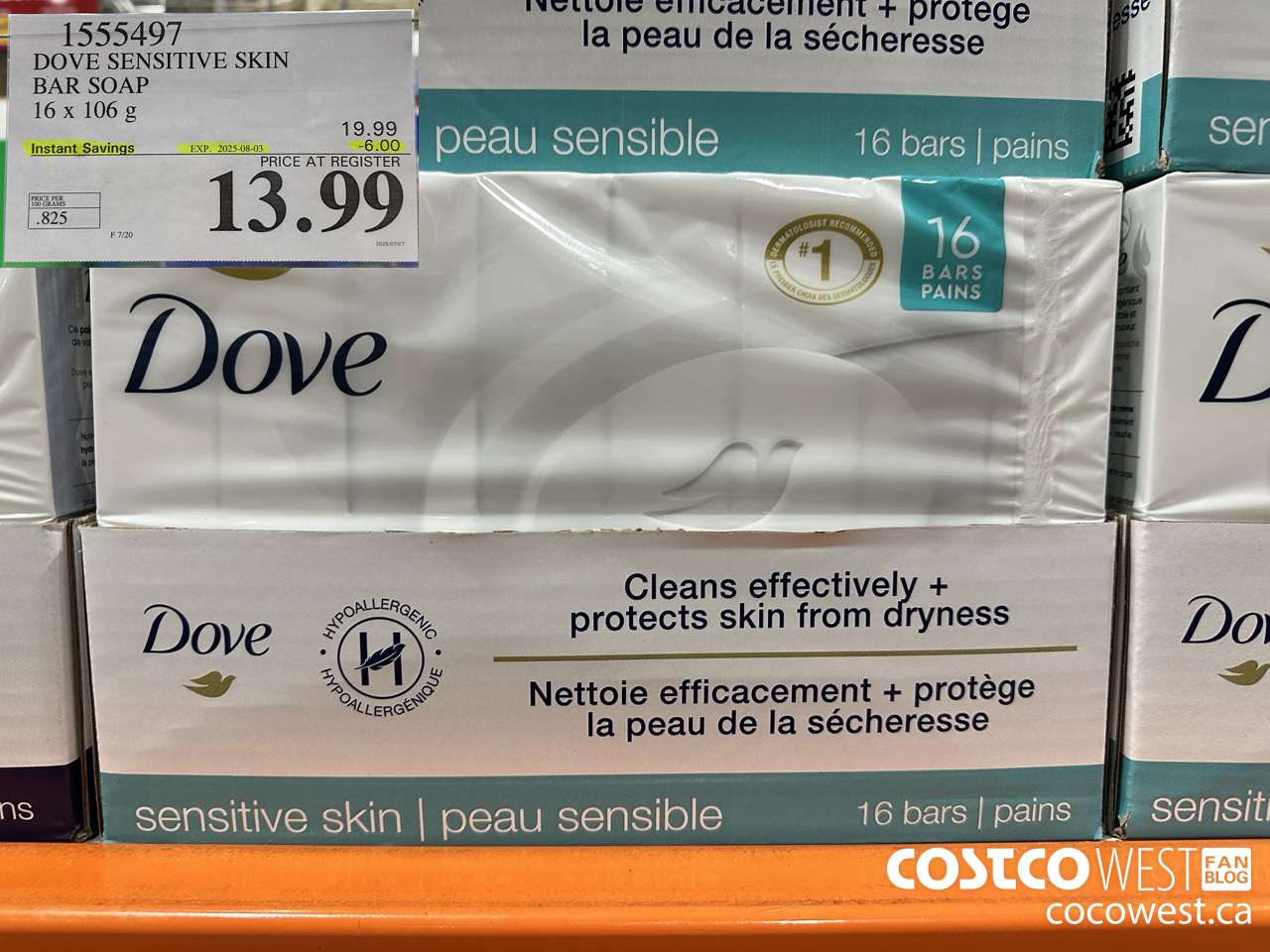 1555497 DOVE BAR SOAP SENSITIVE SKIN 16 x 106 g ($6.00 INSTANT SAVINGS EXPIRES ON 2025-08-03) $13.99