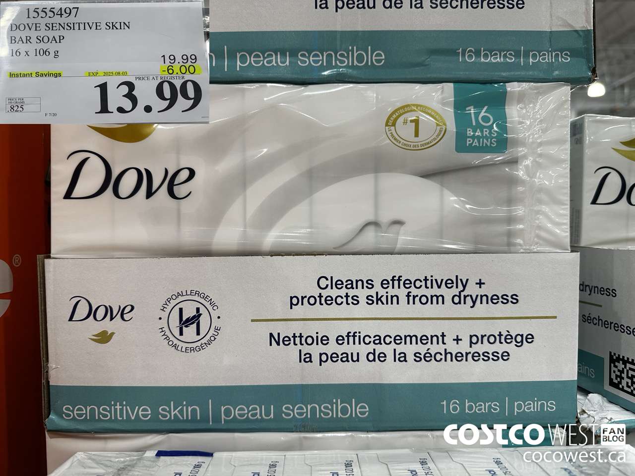 1555497 DOVE BAR SOAP SENSITIVE SKIN 16 x 106 g ($6.00 INSTANT SAVINGS EXPIRES ON 2025-08-03) $13.99