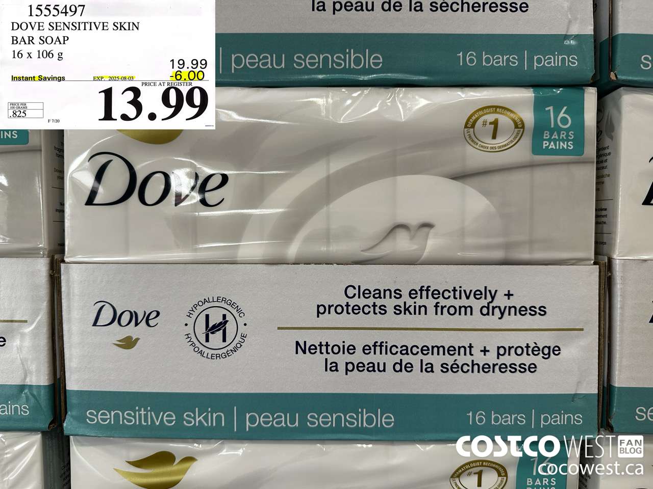 1555497 DOVE BAR SOAP SENSITIVE SKIN 16 x 106 g ($6.00 INSTANT SAVINGS EXPIRES ON 2025-08-03) $13.99