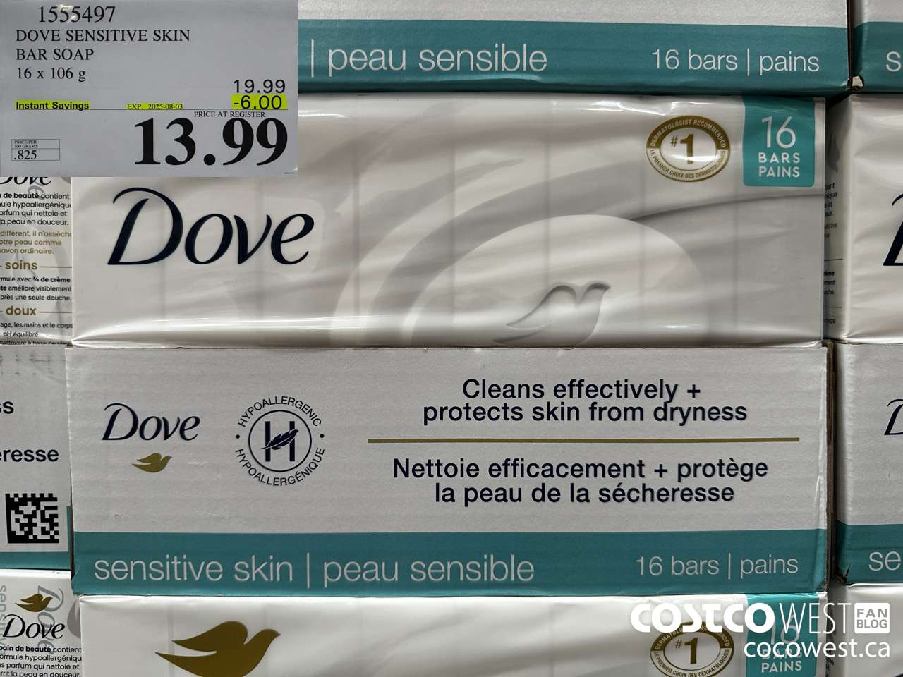 1555497 DOVE BAR SOAP SENSITIVE SKIN 16 x 106 g ($6.00 INSTANT SAVINGS EXPIRES ON 2025-08-03) $13.99