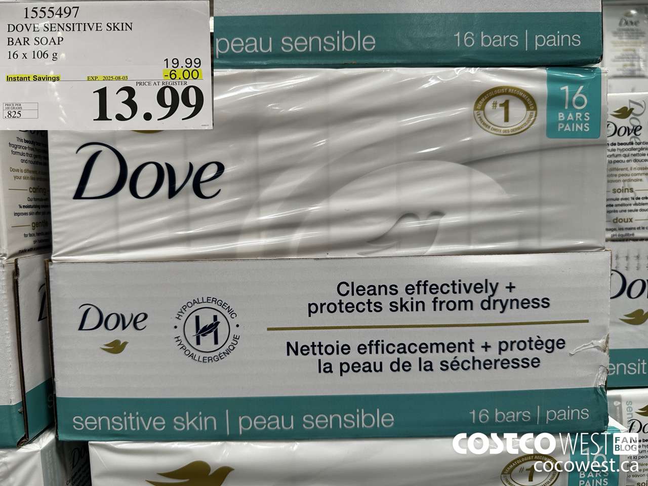 1555497 DOVE BAR SOAP SENSITIVE SKIN 16 x 106 g ($6.00 INSTANT SAVINGS EXPIRES ON 2025-08-03) $13.99