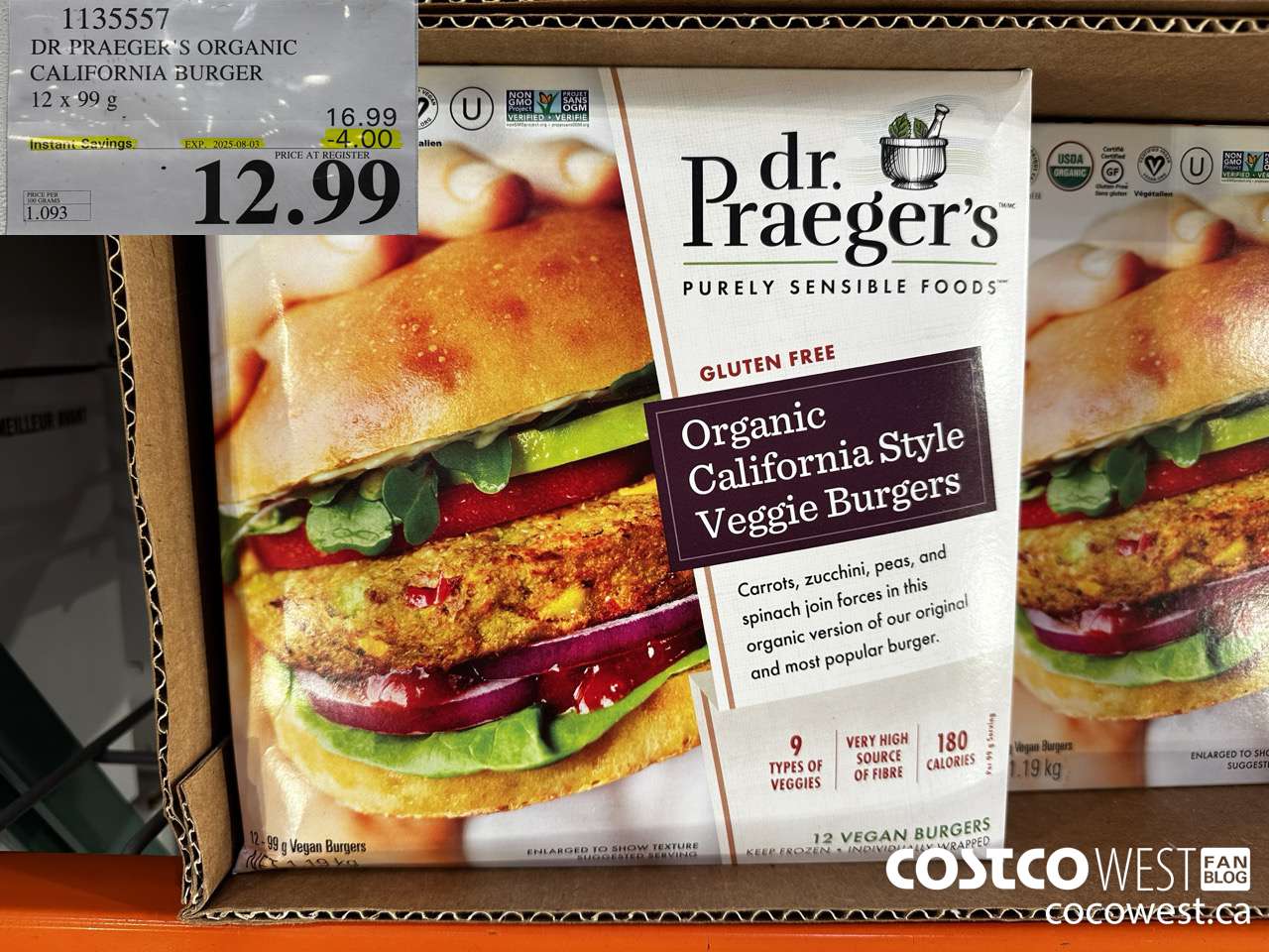 1135557 DR PRAEGER'S ORGANIC CALIFORNIA BURGER 12 x 99 g ($4.00 INSTANT SAVINGS EXPIRES ON 2025-08-03) $12.99