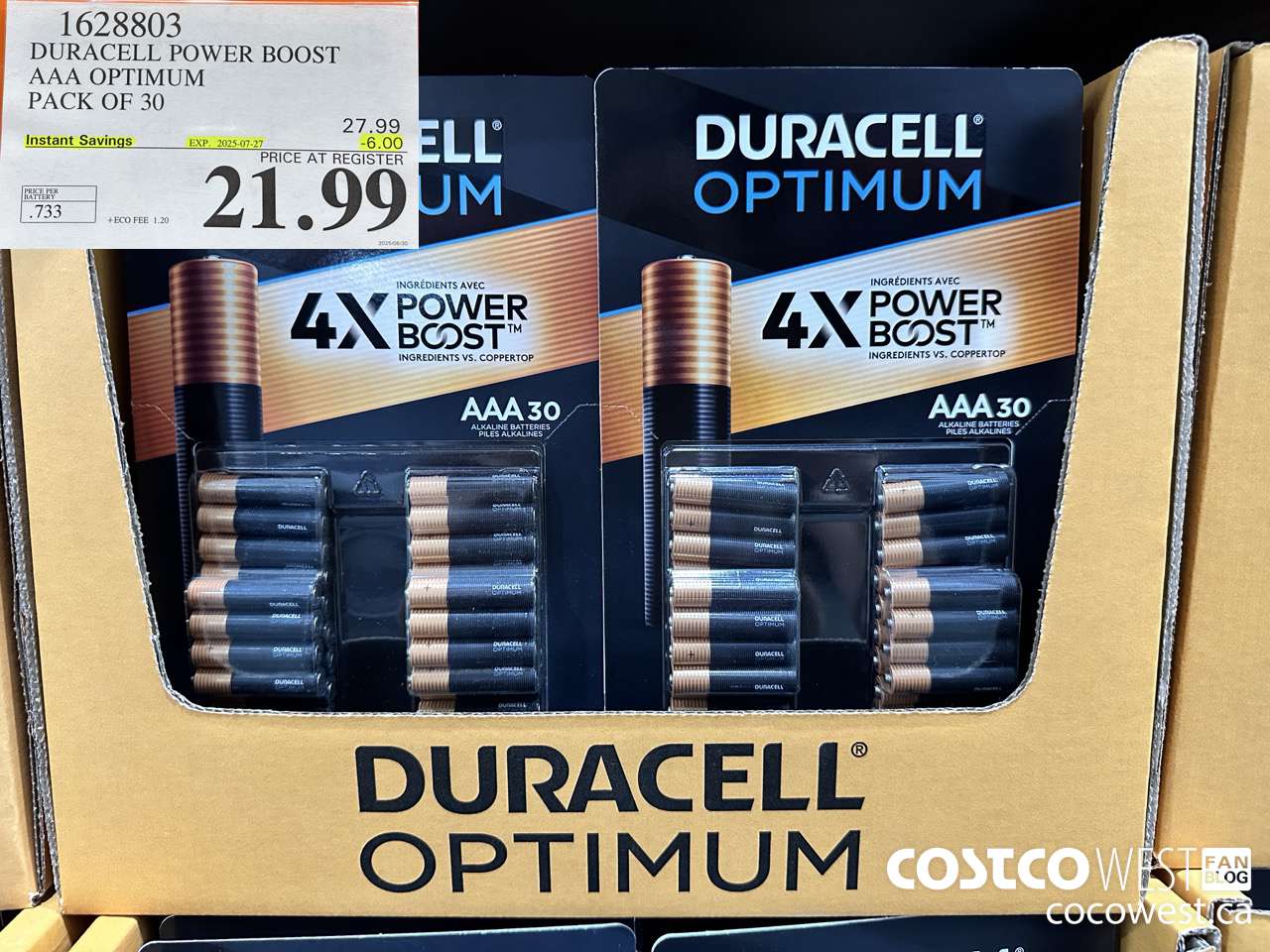 1628803 DURACELL POWER BOOST AAA OPTIMUM PACK OF 30 ($6.00 INSTANT SAVINGS EXPIRES ON 2025-07-27) $21.99
